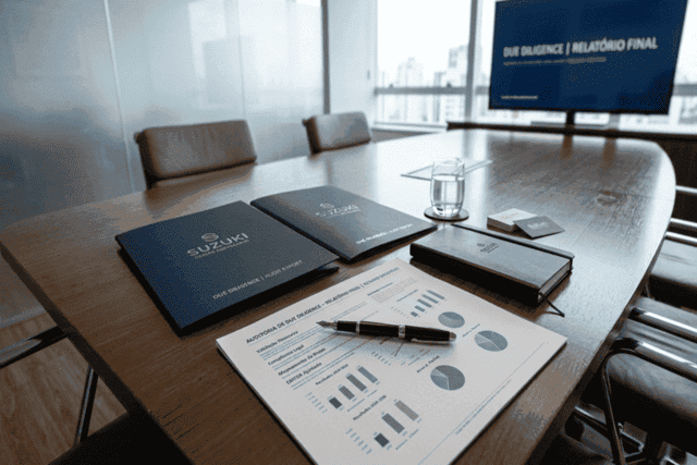 Mesa de reunião com pastas da Suzuki Gestão Empresarial, caneta e relatórios de auditoria, representando a conclusão segura do processo de Due Diligence.