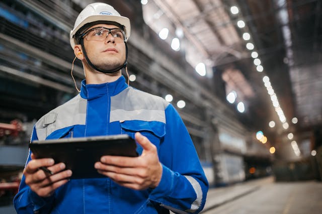 Engenheiro com tablet na mão analisando processos de eficiência operacional com fábrica desfocada ao fundo.