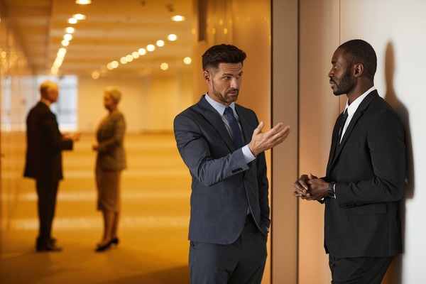 Dois profissionais de terno em conversa estratégica em um escritório moderno, com equipe ao fundo, simbolizando a colaboração entre Compliance e Auditoria.